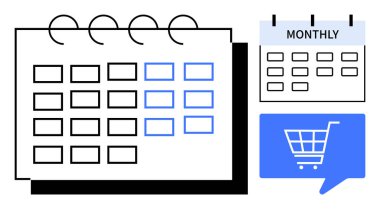 Siyah yüzüklü takvim, şebeke düzeni, küçük aylık takvim ve mavi konuşma balonunda bir alışveriş arabası simgesi. Düzenleme, planlama, planlama, e-ticaret, satış, pazarlama, zaman için ideal