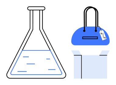 Sıvı ile laboratuvar şişesi, etiketli alışveriş torbası ve ana öğeler olarak açık kutu. Bilim, perakende, ambalaj, e-ticaret, deneysel eğitim ve iş için idealdir. Satır metaforu