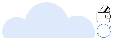 Cüzdanında kartlar ve işlem döngülerini temsil eden dairesel oklar olan bir bulut. Bulut depolama, dijital ödemeler, mali işlemler, teknoloji hizmetleri, e-ticaret, fintech, veri