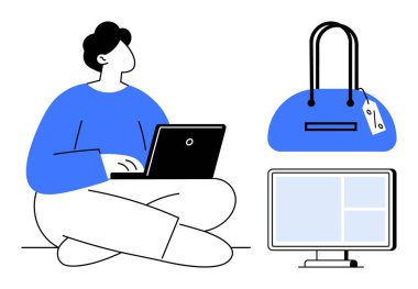 Dizüstü bilgisayarı olan bir kişi, yanında fiyat etiketi olan bir çanta ve mağaza planını gösteren bir bilgisayar monitörü. E-ticaret için ideal, çevrimiçi alışveriş, perakende pazarlama, dijital reklamlar, web
