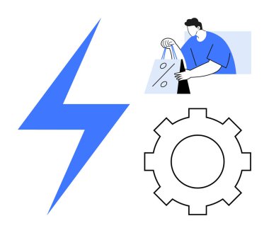 Elinde indirim tabelası olan alışveriş torbaları tutan adam. Yıldırım, vites kutusu simgeleri hız ve verimliliği simgeler. Perakende, e-ticaret, teknoloji, otomasyon, satış, müşteri hizmetleri yeniliği için ideal