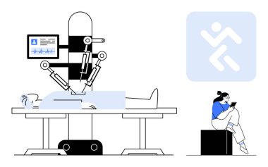 Yakınlarda tablet kullanan ekranlı kadın tarafından izlenen hastaya robotik kollar uygulanacak. Sağlık, teknoloji, tıbbi yenilik, fütüristik tasarım, cerrahi yenilik, dijital sağlık için ideal