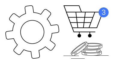 Dişliler makine ya da iş akışını sembolize eder, 3 numaralı tebligat ile alışveriş arabası çevrimiçi alışverişi temsil eder, madeni paralar mali işlemleri gösterir. E-ticaret, iş stratejisi ve finans için ideal