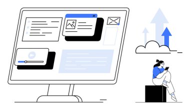 Çeşitli dijital gereçleri gösteren masaüstü ekranı, yukarı doğru giden oklar kullanan bir kadın. İş, teknoloji, üretkenlik, uzaktan çalışma, dijital pazarlama için ideal
