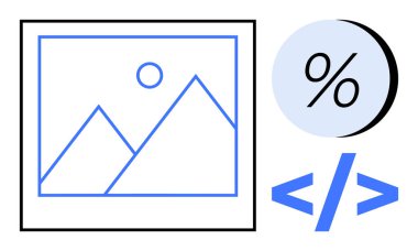 Geometrik şekiller dağları ve güneşi, yüzde sembollerini, kodlama parantezlerini betimler. Web tasarımı, veri görselleştirme, dijital medya, grafik tasarımı, eğitim, sunumlar, yazılım geliştirme için ideal