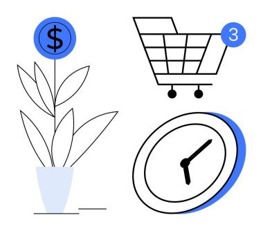 Dolar sembollü para fabrikası büyüyen, üç numaralı tebligatlı alışveriş arabası ve saati resmeden saat. Ticari büyüme, e-ticaret, zaman yönetimi, üretkenlik, mali