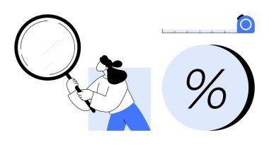 Büyüteçle yüzde işaretini inceleyen kişi, mezura. Veri analizi, finansal planlama, araştırma, hesaplama, doğruluk, büyüme ölçümü, iş stratejisi için ideal. Çizgi