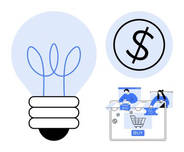 Ampul, alışveriş arabasının üstündeki satın alma düğmesi, dolar işareti ve reklam simgeleri ile yeni fikirleri sembolize eder. Finansal planlama, e-ticaret, yenilik, çevrimiçi alışveriş, pazarlama için ideal