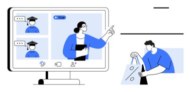 Öğretmen iki öğrenciyle canlı konferans ekranına işaret ediyor, yanında online alışveriş çantası tutan kişi var. E-öğrenme, sanal sınıflar, web siteleri, online alışveriş, uzaktan kumanda için ideal