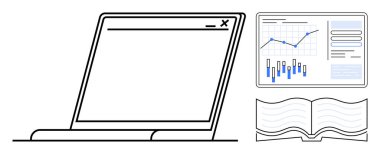 Açık ekranlı dizüstü bilgisayar, veri noktalarını ve eğilimleri gösteren detaylı analitik çizelge, açık kitap. Teknoloji, eğitim, iş analizi, dijital öğrenme, çevrimiçi araştırma, veri görselleştirme için ideal
