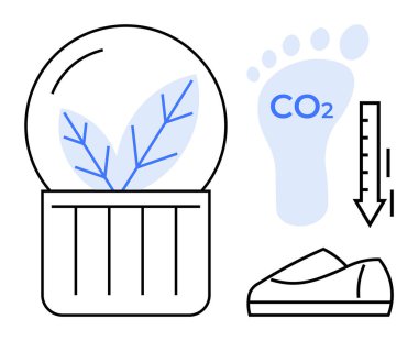 Leaf in glass dome connected to reduction graph, footprint labeled CO2, and eco-friendly shoe. Ideal for environmental sustainability, clean energy, carbon reduction, eco-friendly products, green clipart