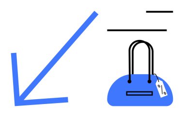 Aşağı doğru mavi ok ve indirimli fiyatları temsil eden siyah çizgilerin yanında saplı ve fiyat etiketli mavi çanta. Satış promosyonları, perakende reklamları, alışveriş anlaşmaları, moda için ideal.
