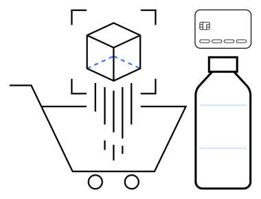 Alışveriş arabası, 3 boyutlu taranmış ürün küpü, ödeme kartı ve şişe. Çevrimiçi alışveriş, e-ticaret, dijital ödemeler, perakende satış, ürün görselleştirme erişimi olmayan teknoloji ve modern tüketici için ideal