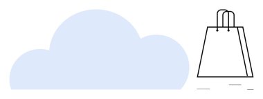 Bulut tabanlı online alışveriş kavramını taşıyan bir alışveriş çantasının yanında bulut simgesi. E-ticaret, dijital alım, perakende, bulut teknolojisi, çevrimiçi hizmetler, modern alışveriş temaları için ideal