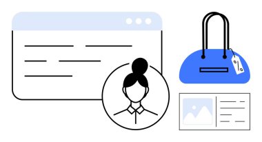 Tarayıcı penceresinin yanındaki profil simgesi, fiyat etiketli mavi çanta ve fotoğraf kimliği. Çevrimiçi alışveriş, e-ticaret, dijital kimlik, moda uygulamaları, perakende pazarlama ürün kataloğu için ideal. Çizgi