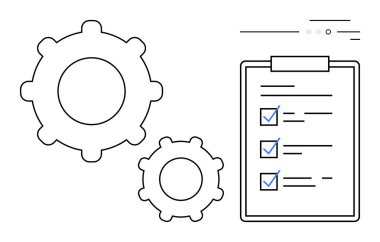 Kontrol listesi ve işaretli bir panonun yanında verimliliği ve verimliliği gösteren iki vites. Proje planlaması, iş akışı optimizasyonu, üretkenlik araçları, iş süreçleri, görev