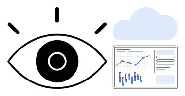 Üzerinde bulut sembolü olan çubuk ve çizgi grafikleri olan veri analizi panelini gözlemleyen büyük bir göz simgesi. Veri gizliliği, analitik, çevrimiçi güvenlik, bulut hesaplama, iş zekası, teknoloji için ideal
