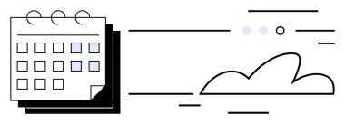 Spiral bağlayıcı, bulut şekli ve dinamik hız çizgileriyle takvim. Üretkenlik araçları, teslim tarihleri, zaman yönetimi, programlama uygulamaları, proje planlaması, hatırlatmalar için idealdir. Satır metaforu