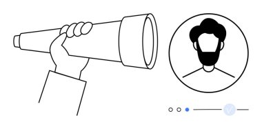 El, bir teleskopla profil çemberinde statü göstergeleriyle resmedilen birini arıyor. İşe alım, iş arama, yetenek edinme, keşif, ağ oluşturma, odaklanma, vizyon için ideal