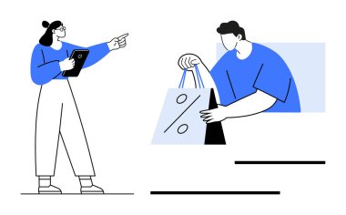 Kadın pano tutarken işaret ediyor ve elinde yüzde işareti olan bir alışveriş torbası tutuyor. E-ticaret, satış, indirim, tüketici davranışı, pazarlama stratejileri, müşteri ilişkileri için ideal