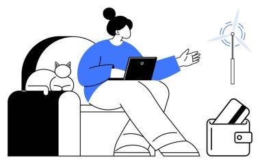 Dizüstü bilgisayarda çalışan bir kadın, yanında uyuyan bir kedi. Rüzgar türbini duvar posteri, kredi kartlı cüzdan. Uzaktan çalışma, yenilenebilir enerji, finans, teknoloji ve ev hayatı için ideal