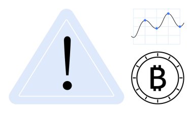 Exclamation sign triangle, Bitcoin symbol, and a line graph indicating fluctuations and volatility. Ideal for financial alerts, investment risk, market analysis, digital currency trends, educational clipart