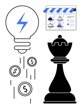 Light bulb with blue lightning, dollar coins, black chess piece and online store. Ideal for business strategy, e-commerce, finance, innovation, leadership success planning. Line metaphor clipart