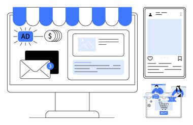 Masaüstü vitrinleri çevrimiçi mağaza önü, bildirim e-postaları, sosyal medya iletisi, satın alma düğmeli alışveriş arabası. E-ticaret, çevrimiçi pazarlama, dijital reklamcılık, sosyal medya yönetimi için ideal