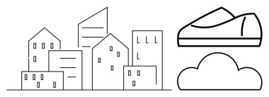 Değişik mimarisi olan modern şehir binaları. Fütüristik bir uçan araba bulutun üzerinde süzülüyor, ileri teknoloji ve ulaşım öneriyor. Şehir planlama, bilim kurgu, yenilik ve gelecek için ideal.