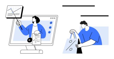 Ekranda büyüme grafiği, indirimli alışveriş torbaları sunan bir adam. İş, eğitim, teknoloji, e-ticaret, pazarlama, online alışveriş istatistikleri için ideal. Satır metaforu