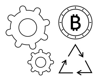 Çarklar, bozuk paranın içindeki Bitcoin sembolü ve geri dönüşüm üçgeni sembolü. Teknoloji, finans, kripto para birimi, sürdürülebilirlik, yenilenebilir enerji, makine mühendisliği, eğitim içeriği için ideal