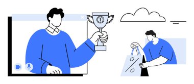 Sanal toplantıya katılan ve elinde kupa tutan bir adam, başka bir adam alışveriş torbaları taşıyor. Takım çalışması, uzaktan başarı, e-ticaret, online toplantılar, motivasyon, sanal olaylar için ideal. Çizgi