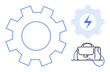 İkona, yıldırımlı daha küçük teçhizat, ve çalışmayı, planlamayı, üretkenliği ve elektrik enerjisini simgeleyen evrak çantası. İş, mühendislik, planlama, proje yönetimi ve teknoloji için ideal
