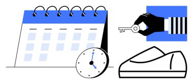 Sarmal halkalı takvim, 1010 'u gösteren saat, el ele tutuşan anahtar ve bir çift ayakkabı. Zamanlama, verimlilik, zaman yönetimi, organizasyon, dakiklik, ulaşılabilirlik, planlama için ideal. Çizgi