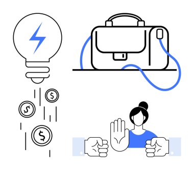 Elektrik sembollü ampul, madeni paralar, evrak çantası ve el hareketleriyle yenilik, finansal büyüme, kariyer başarısı ve denge sergileyen bir kişi. Girişimcilik ve finans için ideal