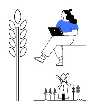 Dizüstü bilgisayarlı bir kadın, stilize buğday sapı, yel değirmeni ve saha resimleriyle oturuyor. Tarım, teknoloji, kırsal yaşam, çiftçilik, uzak çalışma, sürdürülebilirlik, dijital dönüşüm hattı için ideal
