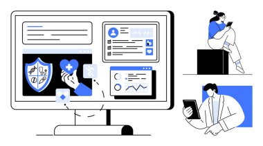 Tıbbi simgeleri ve sağlık verilerini gösteren sağlık uygulaması arayüzü olan bilgisayar monitörü, mobil cihazlarla uğraşan iki kullanıcı. Teletıp, sağlık, teknoloji, dijital uygulamalar ve veriler için ideal