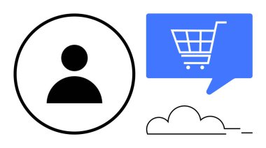 Alışveriş arabası simgesi ve basit bir bulut gösteren mavi konuşma balonunun yanında siyahla çevrili kullanıcı simgesi. E-ticaret, çevrimiçi alışveriş, dijital pazarlama, kullanıcı geribildirimi, ürün değerlendirmesi için ideal
