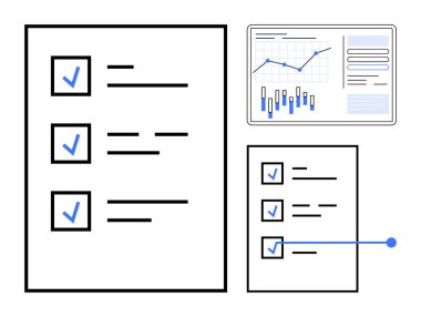 İşaretli kutular ve mavi röfleli çizelge grafiği ve bar grafikleriyle kontrol listesi. Proje yönetimi, verimlilik izleme, iş analizi, görev tamamlama, veri