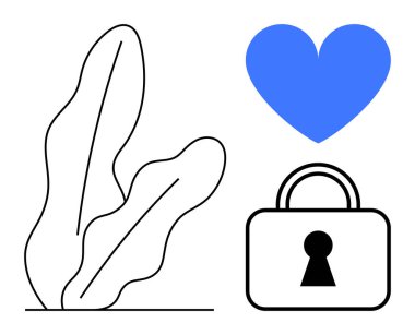 Asma kilit üzerindeki mavi kalp soyut bitkilerin yanında minimalist bir tasarım. Aşk, ilişkiler, güvenlik, güven, büyüme, doğa, sağlık için idealdir. Satır metaforu