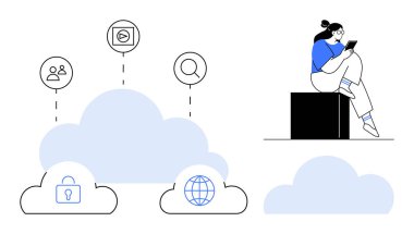 Küp üzerinde otururken tablet kullanan kadın, güvenlik, küresel erişim, iletişim, multimedya ve arama elementlerine sahip bulut simgeleriyle çevrili. Dijital, teknoloji ve güvenlik eğitimi için ideal