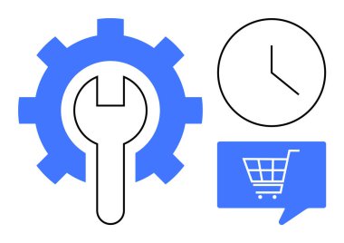 Bakımı sembolize eden ingiliz anahtarı, zaman yönetimi için saat ve online alışveriş için alışveriş arabası. Bakım, zaman, e-ticaret, verimlilik ve hizmet verimliliği konuları için ideal