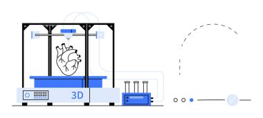 Üç boyutlu yazıcı, tıbbi araçlar ve dizayn göstergeleriyle çevrili detaylı bir insan kalbi modeli üretiyor. Tıbbi yenilik, teknoloji, sağlık, tıbbın geleceği, biyoteknoloji için ideal