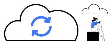 Senkronize ok ikonuna sahip büyük bulut, tablet kullanan insan, başka bir küçük bulut. Bulut depolama, veri senkronizasyonu, teknoloji, mobil erişim, uzaktan kumandalı dijital güvenlik için ideal. Modern satır metaforu