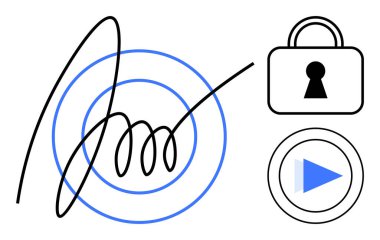 Eşmerkezli daireler içinde dijital imza, asma kilit güvenlik sembolü ve oynat düğmesi. Kimlik doğrulama, gizlilik, güvenli işlemler, dijital onay, siber güvenlik, veri koruması için ideal