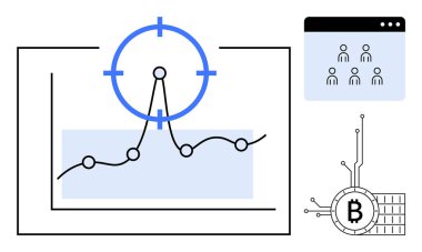 Veri noktaları ve odak çemberi içeren grafikler, devre kartı tasarımlı Bitcoin sembolü, sağdaki kullanıcı grubu penceresi. Kripto para birimi, veri analizi, kullanıcı bağlantısı, teknoloji için ideal