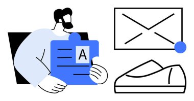 A harfli mavi yapboz parçası, posta zarfı ve ayakkabı izi olan bir adam. Eğitim, iletişim, moda, problem çözme, takım çalışması, tasarım, pazarlama için idealdir. Satır metaforu