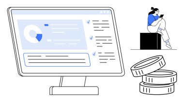 Bilgisayar ekranında veri analizi gösteriliyor, kadın otururken tablet kullanıyor ve bozuk paraları istifliyor. Finansal görüşler, teknolojik çözümler, iş planlaması, uzaktan çalışma, yatırım için ideal