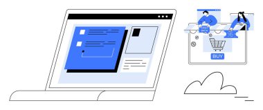 Bilgisayarda metin ve resim içeren web sayfası gösteriliyor. İki kişiyi göstermenin yanında dijital ekran, nakit para ve satın alma düğmesi. E-ticaret, dijital pazarlama, çevrimiçi alışveriş, müşteri ilişkileri, web için ideal