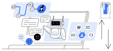 Bir dizüstü bilgisayardaki robot yapay zeka sohbet robotu mesaj kutuları, simgeler ve simgeler aracılığıyla kullanıcılarla iletişim kuruyor. Müşteri hizmetleri, e-ticaret, teknik destek, çevrimiçi alışveriş, kullanıcı geribildirimi, dijital